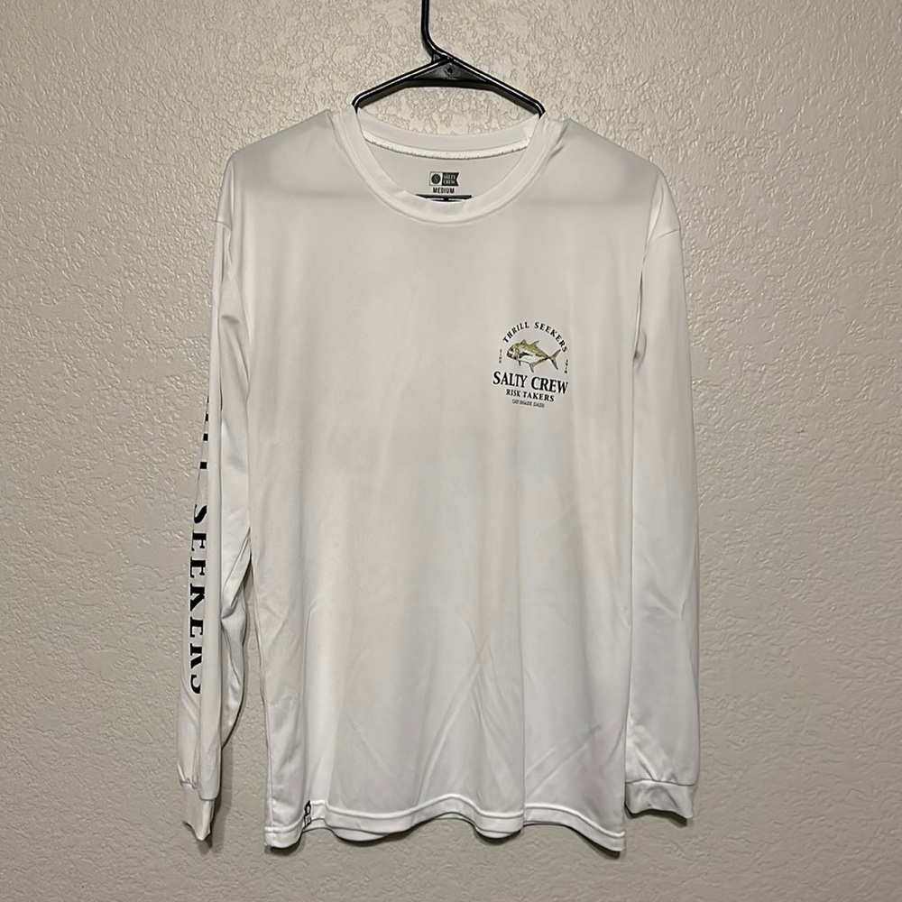 Salty Crew White Long Sleeve Logo Tee with Black Sleeve Print